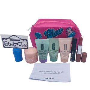 Clinique Beauty Set-Glow Pink Pouch-Hydration,Cleanser,Lipstick&Mascara-7pc-NEW